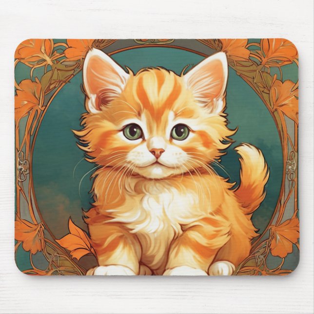 Alphonse Mucha Style Orange Cat Mouse Pad (Front)
