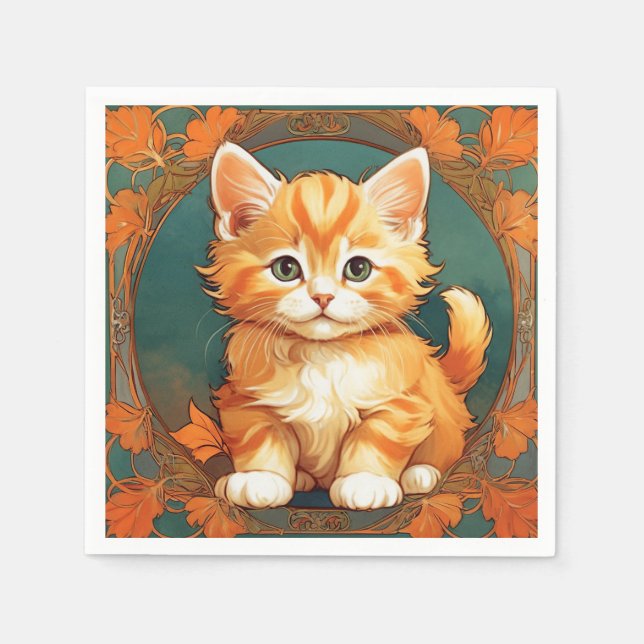 Alphonse Mucha Style Orange Cat Napkins (Front)