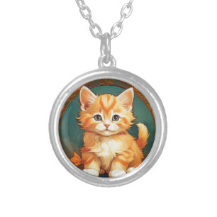 Alphonse Mucha Style Orange Cat Silver Plated Necklace