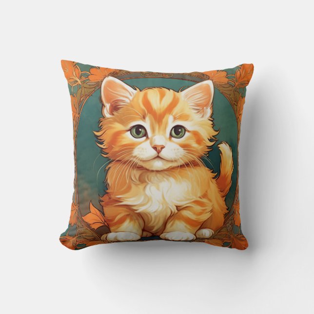Alphonse Mucha Style Orange Cat Throw Pillow (Front)