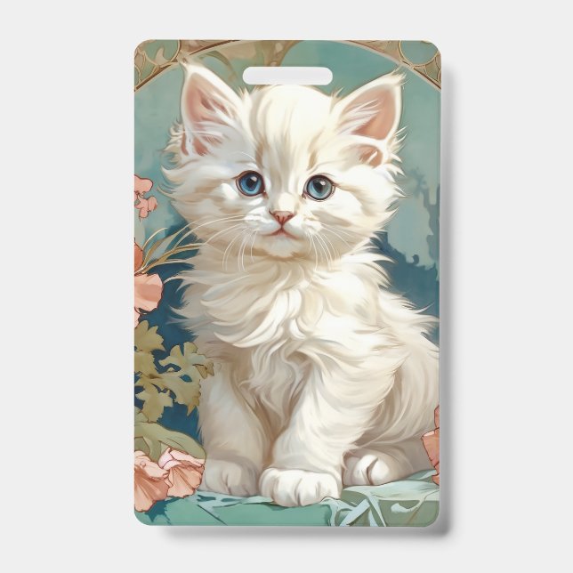 Alphonse Mucha Style White Cat Badge (Front)