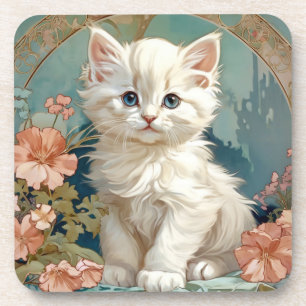 Alphonse Mucha Style White Cat Beverage Coaster