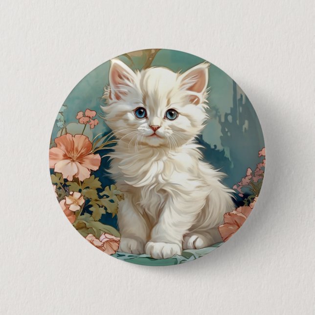 Alphonse Mucha Style White Cat Button (Front)