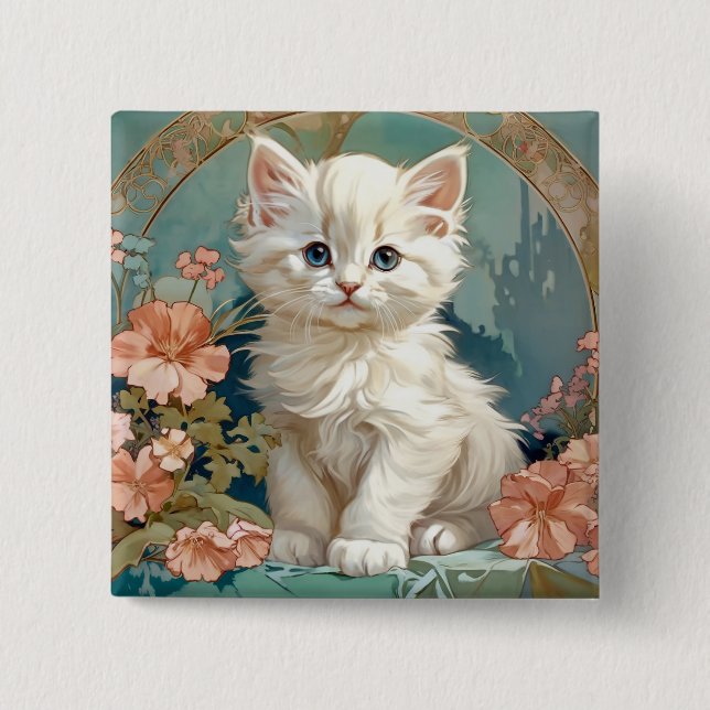 Alphonse Mucha Style White Cat Button (Front)
