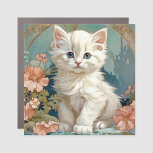 Alphonse Mucha Style White Cat Car Magnet