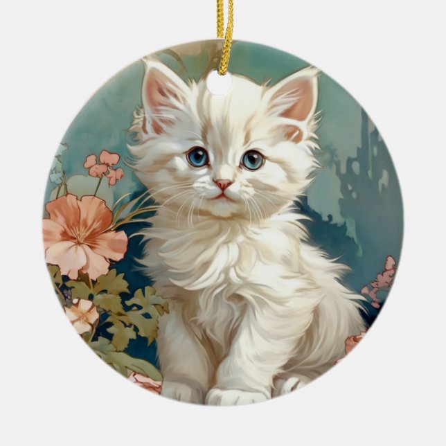 Alphonse Mucha Style White Cat Ceramic Ornament (Front)