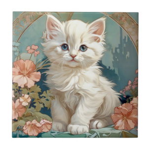 Alphonse Mucha Style White Cat Ceramic Tile
