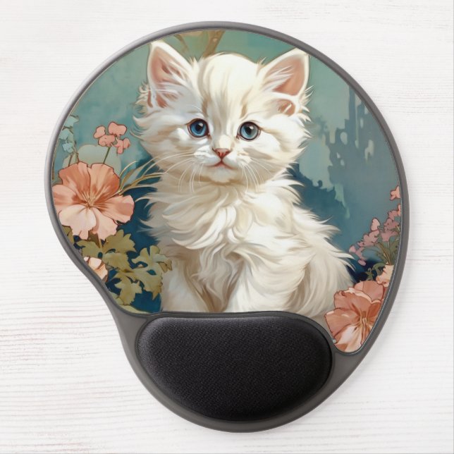 Alphonse Mucha Style White Cat Gel Mouse Pad (Front)
