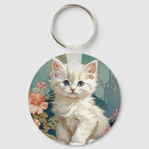 Alphonse Mucha Style White Cat Keychain