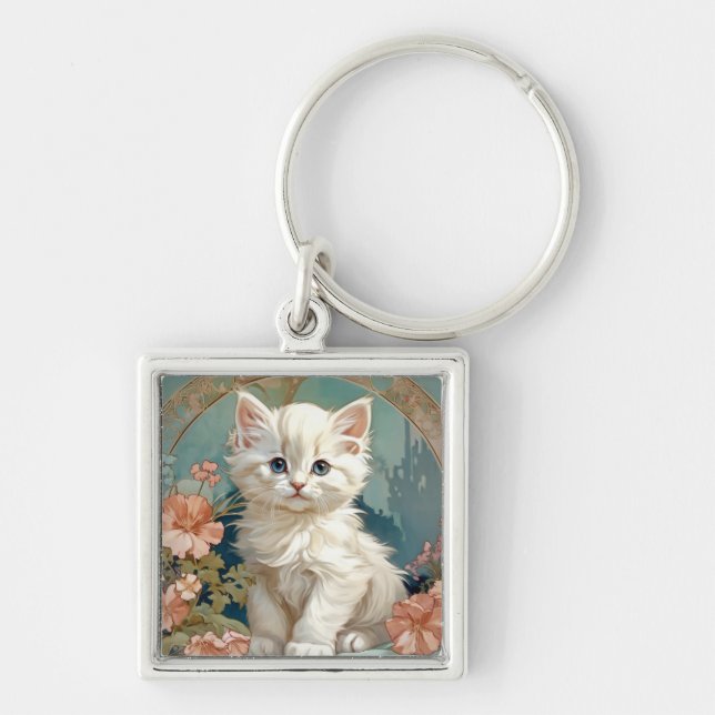 Alphonse Mucha Style White Cat Keychain (Front)