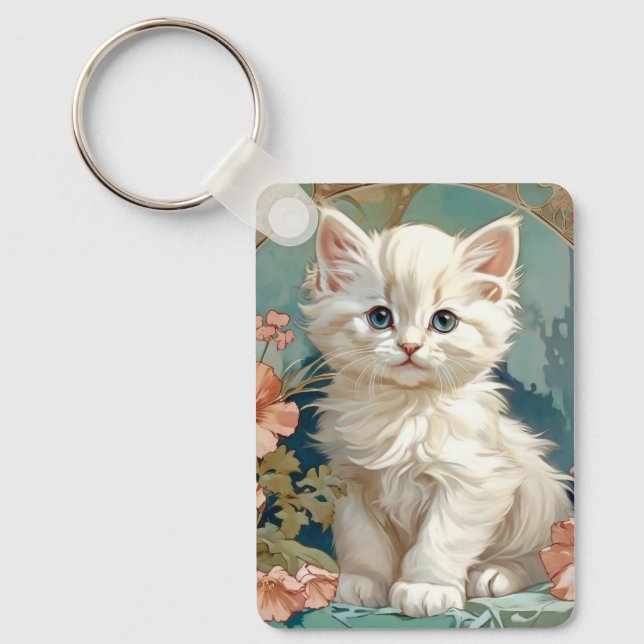 Alphonse Mucha Style White Cat Keychain (Front)