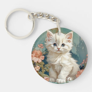 Alphonse Mucha Style White Cat Keychain
