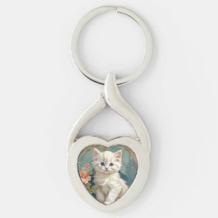 Alphonse Mucha Style White Cat Keychain
