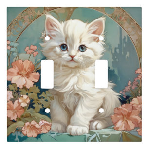 Alphonse Mucha Style White Cat Light Switch Cover