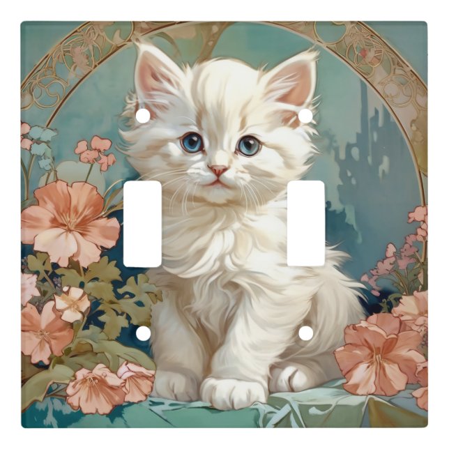 Alphonse Mucha Style White Cat Light Switch Cover (Front)