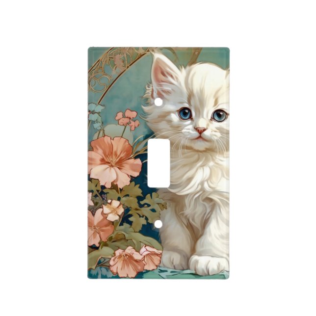 Alphonse Mucha Style White Cat Light Switch Cover (Front)