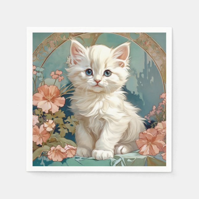 Alphonse Mucha Style White Cat Napkins (Front)