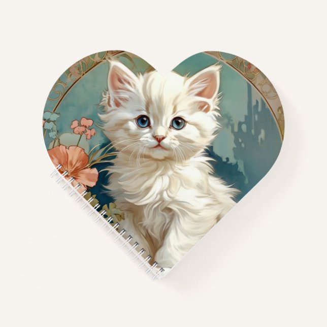 Alphonse Mucha Style White Cat Notebook (Front)