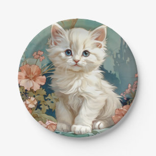 Alphonse Mucha Style White Cat Paper Plates