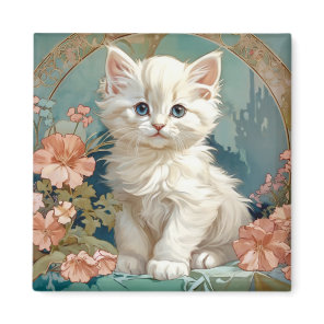 Alphonse Mucha Style White Cat, Persian kitten art Magnet