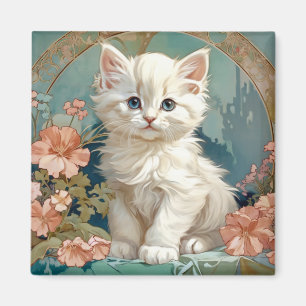 Alphonse Mucha Style White Cat, Persian kitten art Magnet