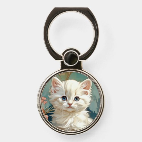 Alphonse Mucha Style White Cat Phone Ring Stand