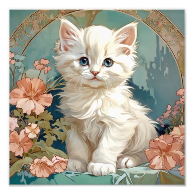 Alphonse Mucha Style White Cat Photo Print (Front)