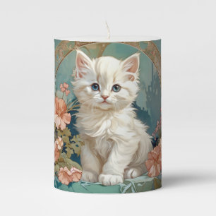 Alphonse Mucha Style White Cat Pillar Candle