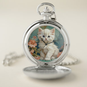 Alphonse Mucha Style White Cat Pocket Watch