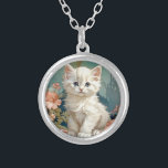 Alphonse Mucha Style White Cat Silver Plated Necklace<br><div class="desc">Necklace featuring a white cat in the style of Alphonse Mucha! This blue eyed fluffy kitten poses with pink flowers and blue blankets. A fabulous gift for cat lovers and Art Nouveau collectors!</div>