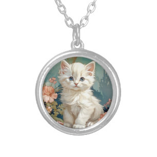 Alphonse Mucha Style White Cat Silver Plated Necklace