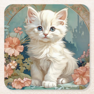 Alphonse Mucha Style White Cat Square Paper Coaster