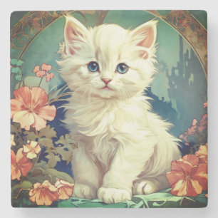 Alphonse Mucha Style White Cat Stone Coaster