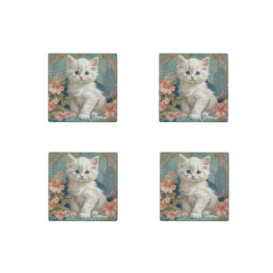 Alphonse Mucha Style White Cat Stone Magnet