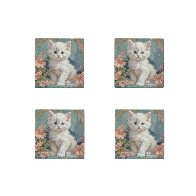 Alphonse Mucha Style White Cat Stone Magnet (Front)