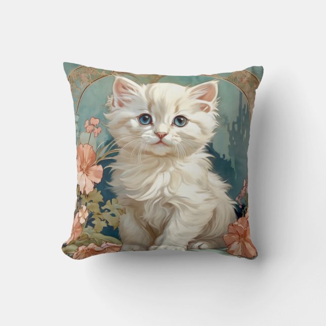 Alphonse Mucha Style White Cat Throw Pillow (Front)