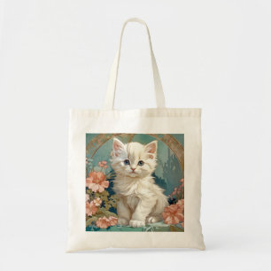 Alphonse Mucha Style White Cat Tote Bag