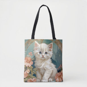 Alphonse Mucha Style White Cat Tote Bag