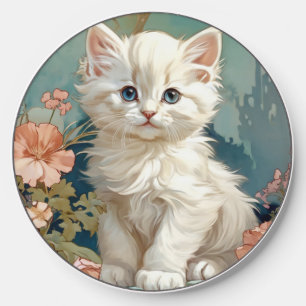 Alphonse Mucha Style White Cat Wireless Charger