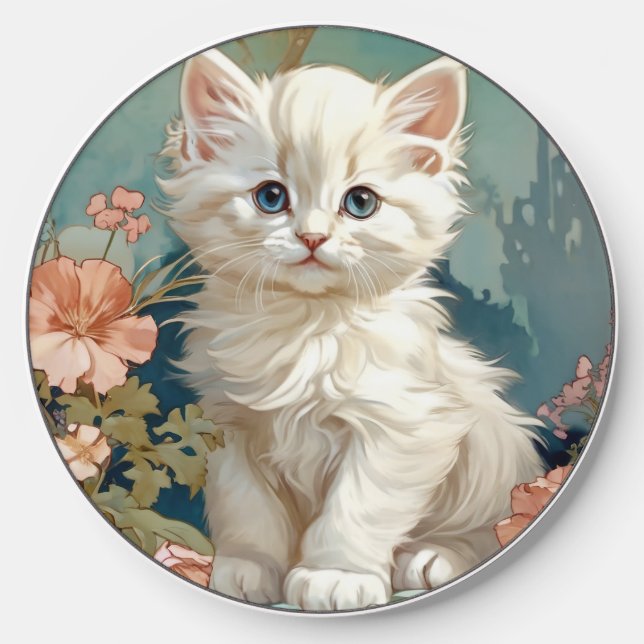 Alphonse Mucha Style White Cat Wireless Charger (Front)