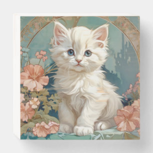Alphonse Mucha Style White Cat Wooden Box Sign
