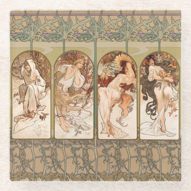 Alphonse Mucha The Seasons 1897 Art Nouveau Glass Coaster (Front)