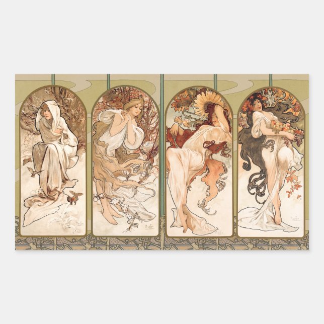 Alphonse Mucha The Seasons 1897 Art Nouveau Rectangular Sticker (Front)