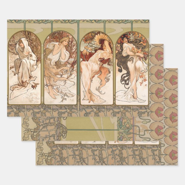 Alphonse Mucha The Seasons 1897 Art Nouveau Wrapping Paper Sheets (Set)