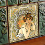 Alphonse Mucha Topaz Gold Art Nouveau Vintage Ceramic Tile<br><div class="desc">This ceramic tile is part of a set of three (Ruby, Topaz and Amethyst) inspired by the iconic Art Nouveau era of the renowned Czech artist Alphonse Mucha. Mucha is widely recognized as one of the leading Art Nouveau designers and is known for his collaborations with the legendary actress Sarah...</div>