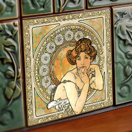 Alphonse Mucha Topaz Gold Art Nouveau Vintage Ceramic Tile