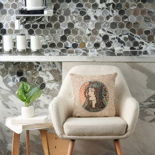 Alphonse Mucha Vintage Woman with Green Headdress Throw Pillow