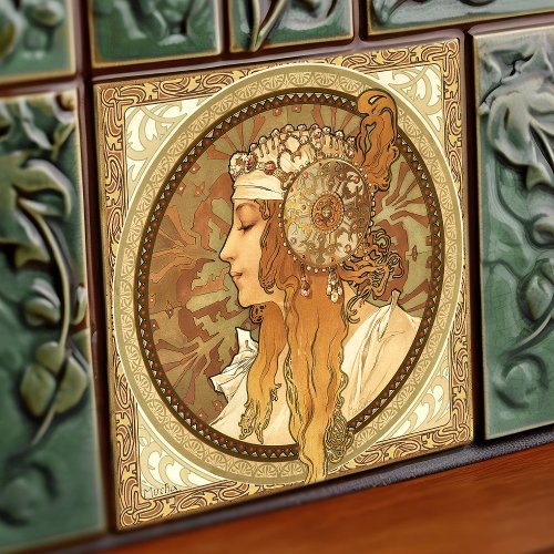 Alphonse Mucha Woman Portrait Art Nouveau Vintage Ceramic Tile
