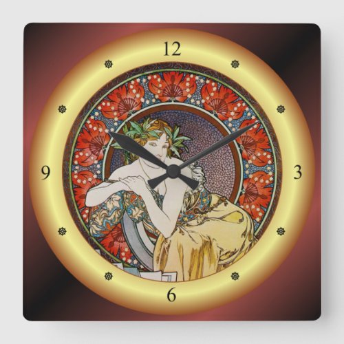 Alphonse MuchaWoman WPoppiesSalon des Cent  Square Wall Clock