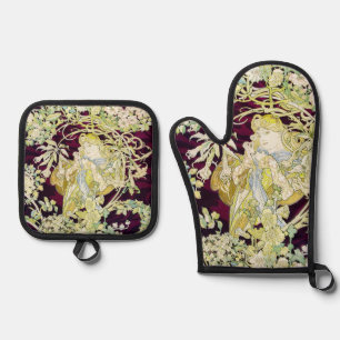 Alphonse Mucha Woman with Daisy Art Nouveau Art Oven Mitt & Pot Holder Set